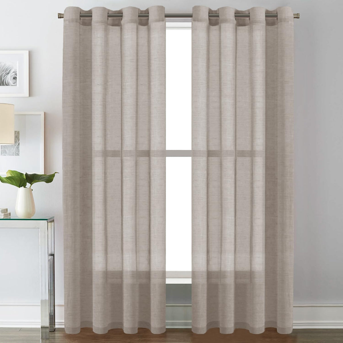 H.VERSAILTEX Natural Linen Sheer Curtains Flax Linen Blended Curtain Panels Living Room, Nickel Grommet Semitransparent Semi-Sheer Soft Privacy Drapes, Natural, 84 inches Long 2 Panels