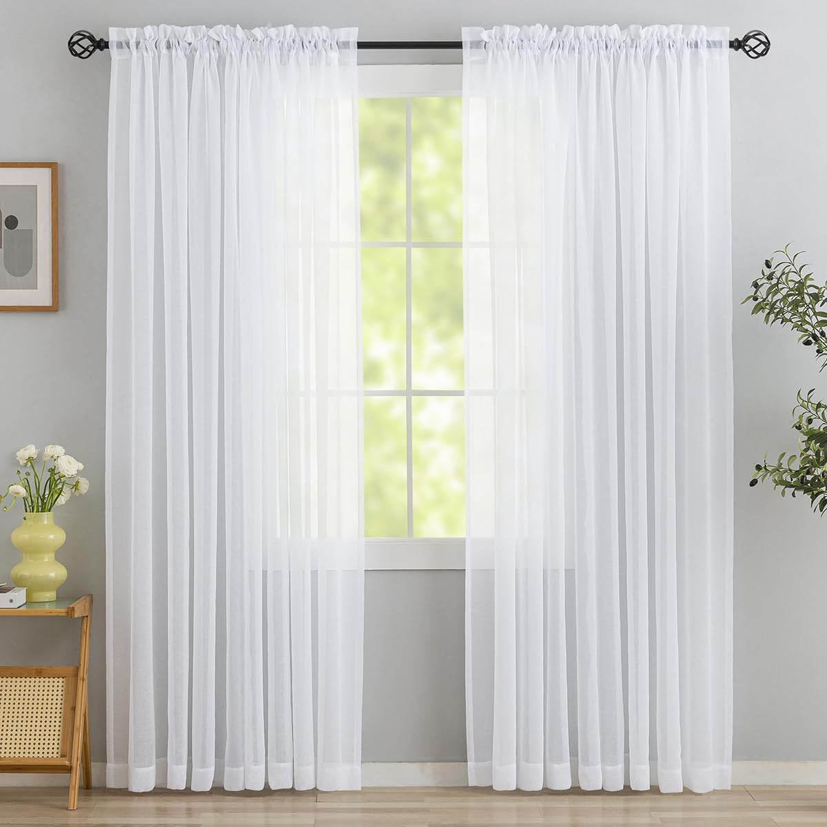 MYSTIC-HOME Sheer Curtains White 63 Inch Length, Rod Pocket Voile Drapes for Living Room, Bedroom, Window Treatments Semi Crinkle Curtain Panels for Yard, Patio, Villa, Parlor, Set of 2, 52"x 63"