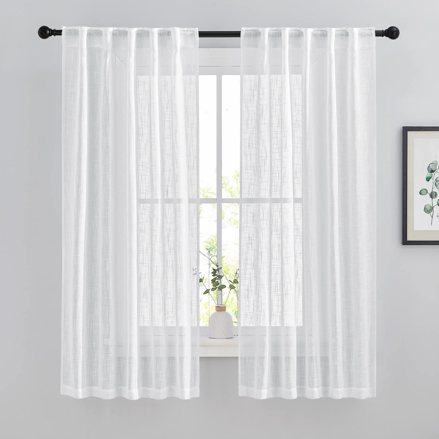 NICETOWN Flax Linen Curtains 84 inch Long, Rod Pocket & Back Tab Semi Sheer Vertical Drapes Privacy Added with Light Filtering for Bedroom/Living Room, Burlap, W52 x L84, 2 Pieces