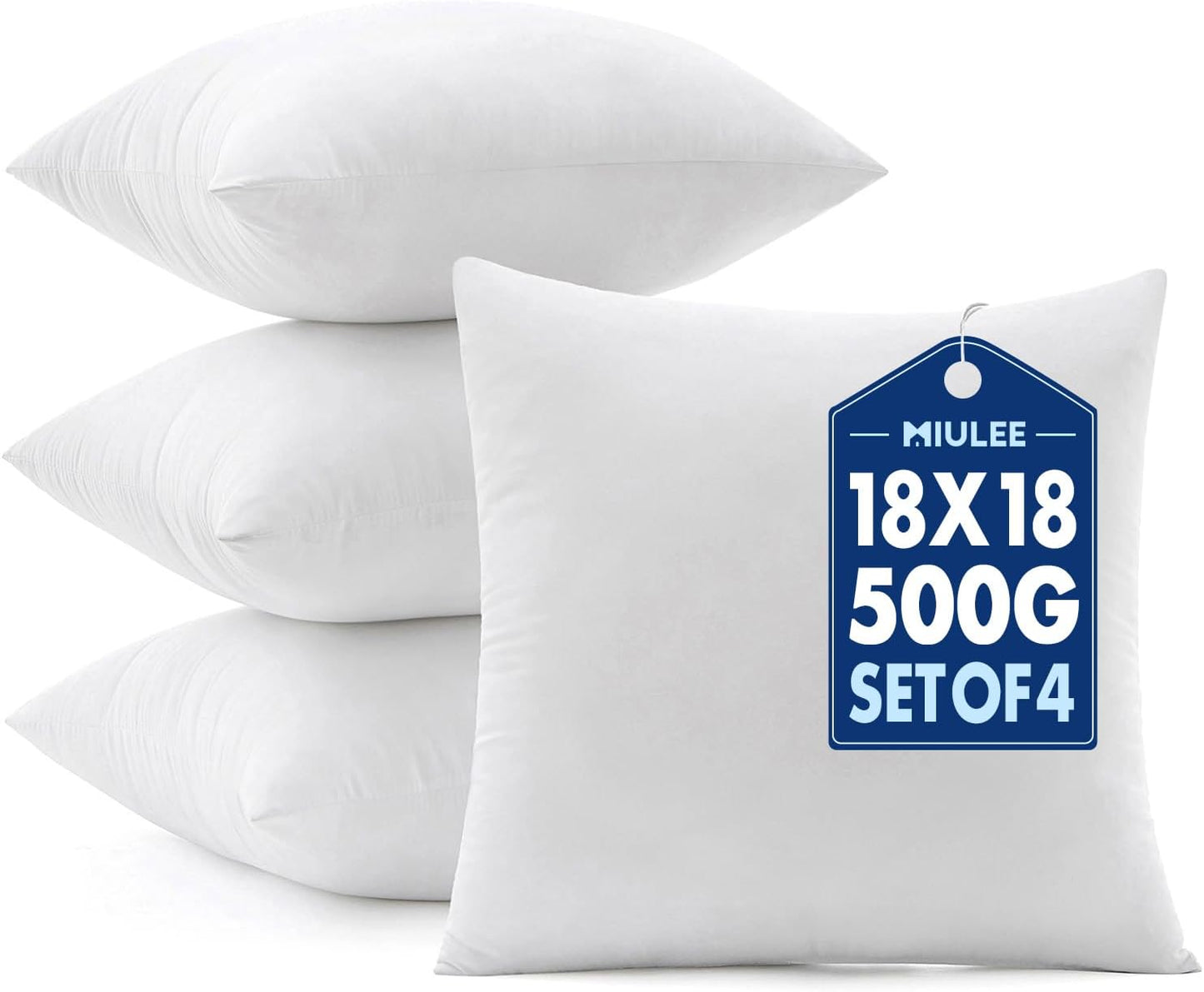 MIULEE 18x18 Pillow Inserts 4 Pack, 100% Virgin Fiber Filling Throw Pillows | Decorative Pillows for Sofa Bed Couch, Firm and Full Pillows, Excellent Support, Soft Brushed Fabric
