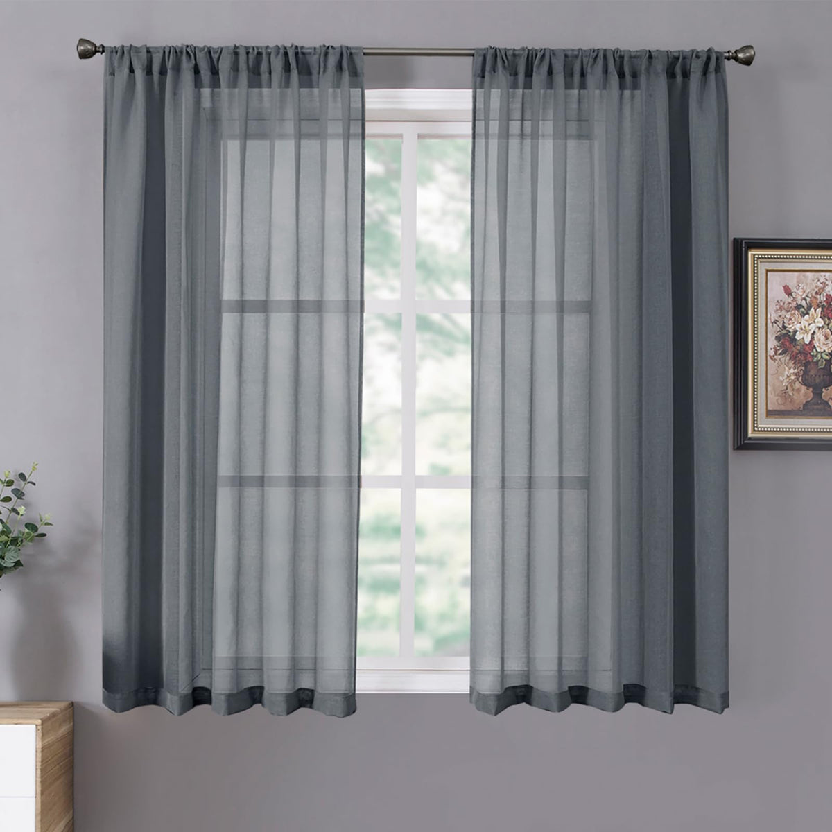 Tollpiz Sheer Curtains Living Room Linen Textured Curtain Sheers Light Filtering Voile Rod Pocket Curtains for Bedroom, 38 x 63 inches Long, White, Set of 2 Panels