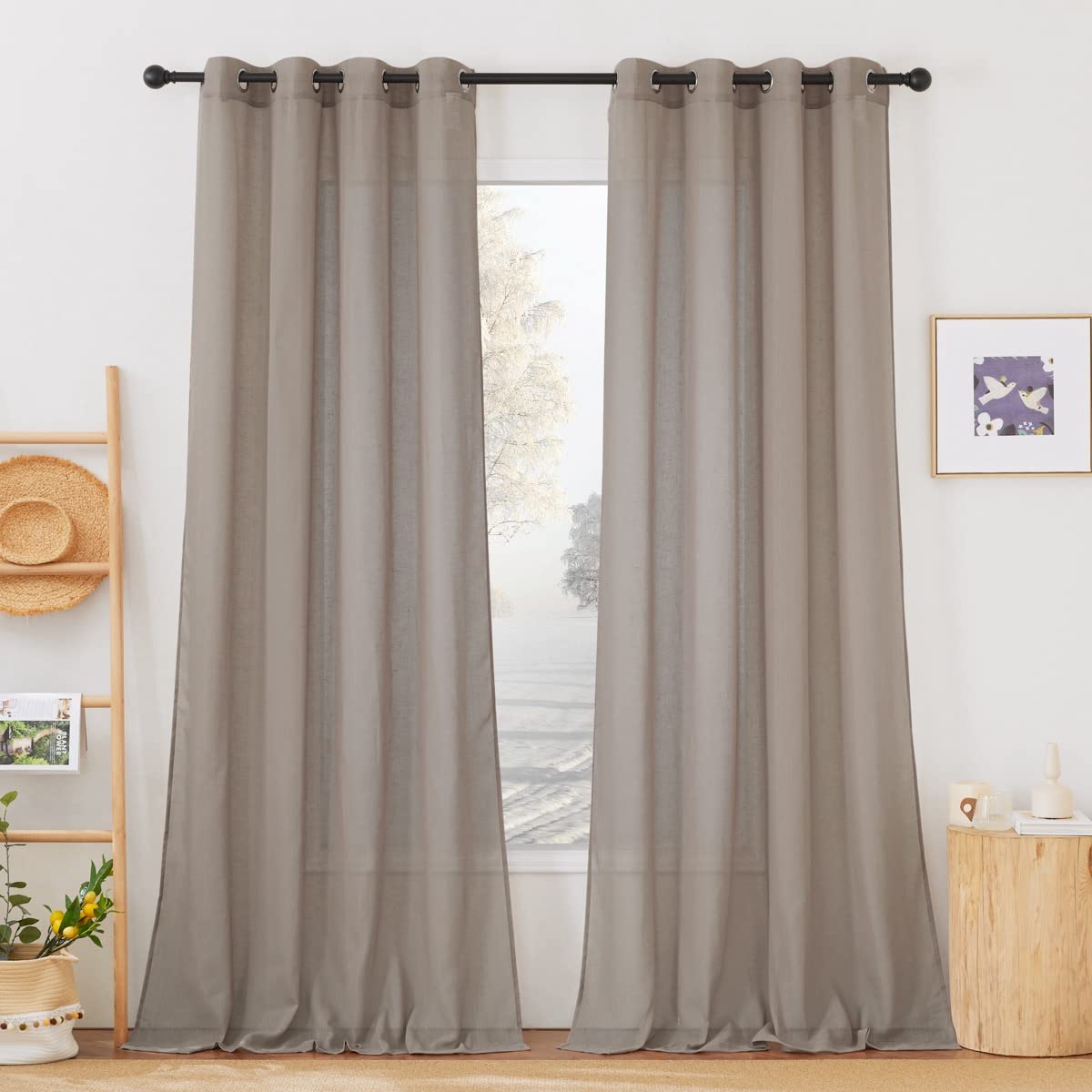 NICETOWN White Sheer Linen Curtains for Living Room 84 inch Length 2 Panels Set, Grommet Semi Sheer Privacy with Light Filtering Flax Window Treatments for Bedroom, W52 x L84
