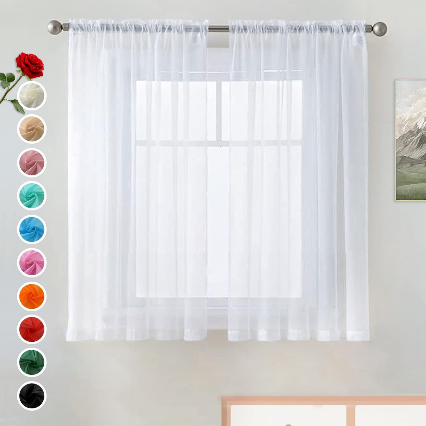 SpaceDresser Basic Rod Pocket Sheer Voile Window Curtain Panels White 1 Pair 2 Panels 52 Width 84 Inch Long for Kitchen Bedroom Children Living Room Yard(White,52 W x 84 L)