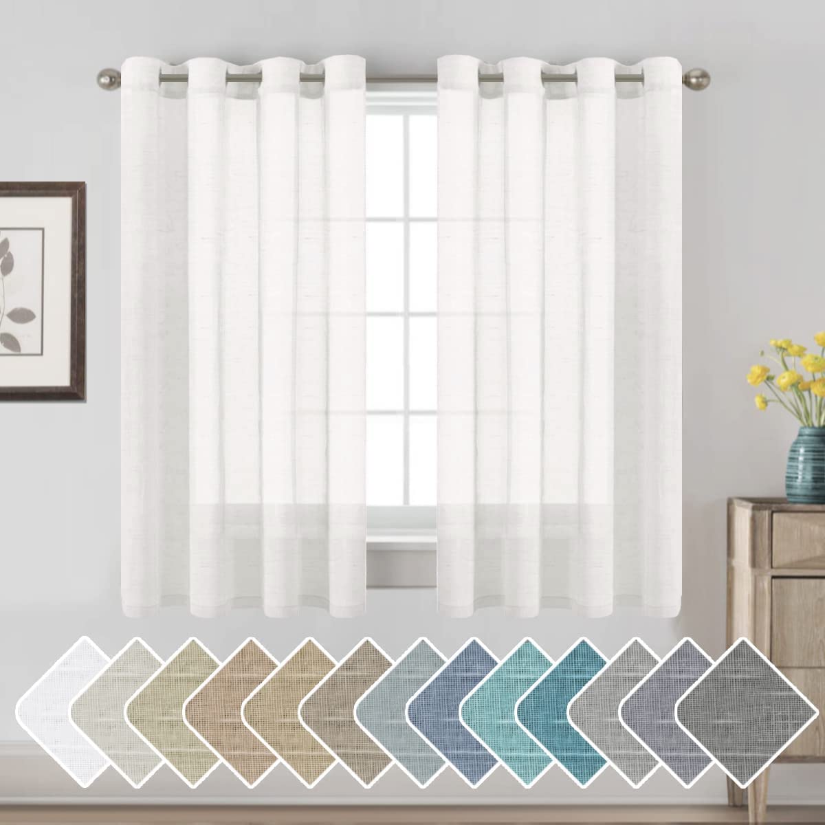 H.VERSAILTEX Natural Linen Sheer Curtains Flax Linen Blended Curtain Panels Living Room, Nickel Grommet Semitransparent Semi-Sheer Soft Privacy Drapes, Natural, 84 inches Long 2 Panels