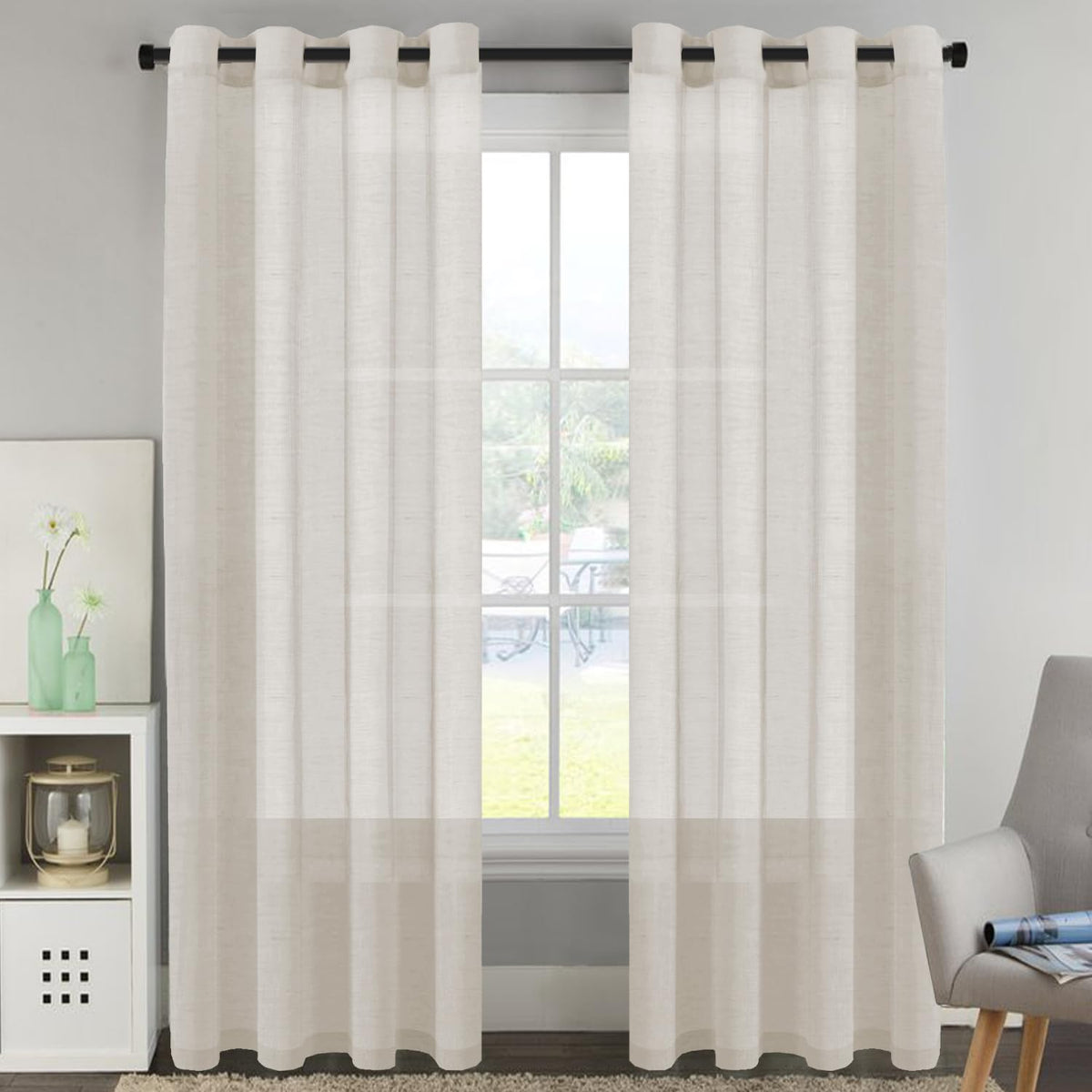 H.VERSAILTEX Natural Linen Sheer Curtains Flax Linen Blended Curtain Panels Living Room, Nickel Grommet Semitransparent Semi-Sheer Soft Privacy Drapes, Natural, 84 inches Long 2 Panels