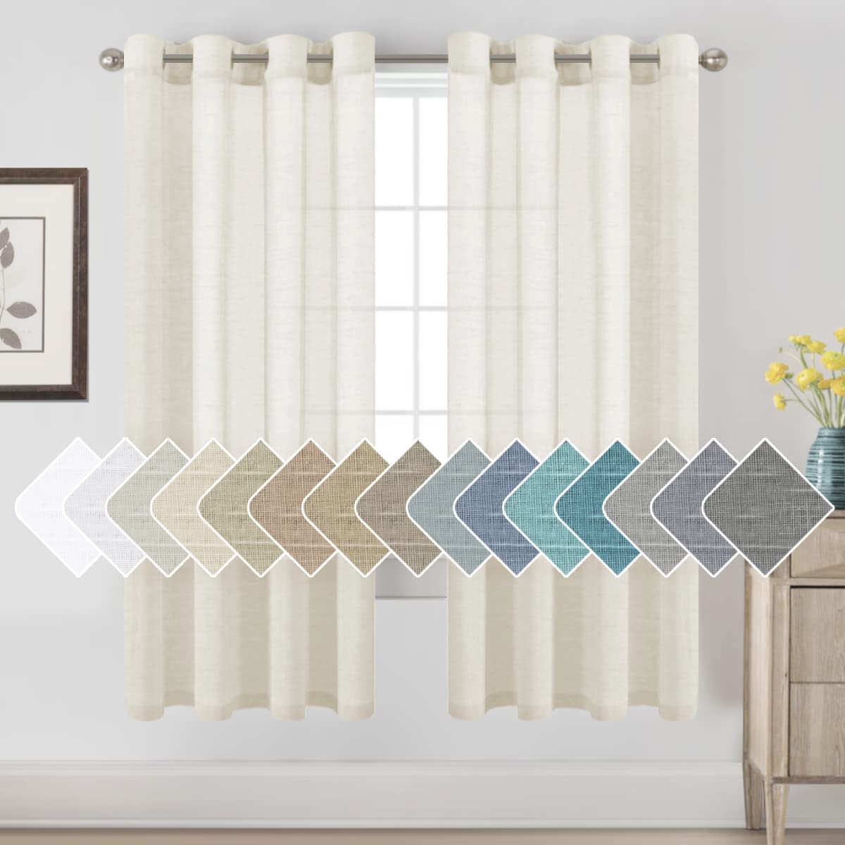 H.VERSAILTEX Natural Linen Sheer Curtains Flax Linen Blended Curtain Panels Living Room, Nickel Grommet Semitransparent Semi-Sheer Soft Privacy Drapes, Natural, 84 inches Long 2 Panels