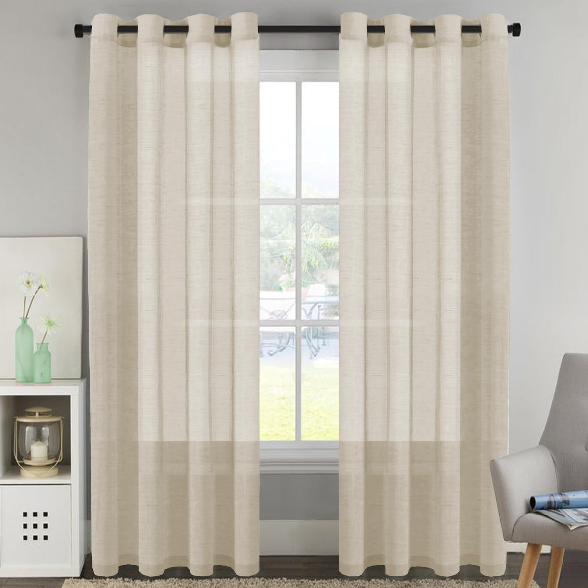 H.VERSAILTEX Natural Linen Sheer Curtains Flax Linen Blended Curtain Panels Living Room, Nickel Grommet Semitransparent Semi-Sheer Soft Privacy Drapes, Natural, 84 inches Long 2 Panels