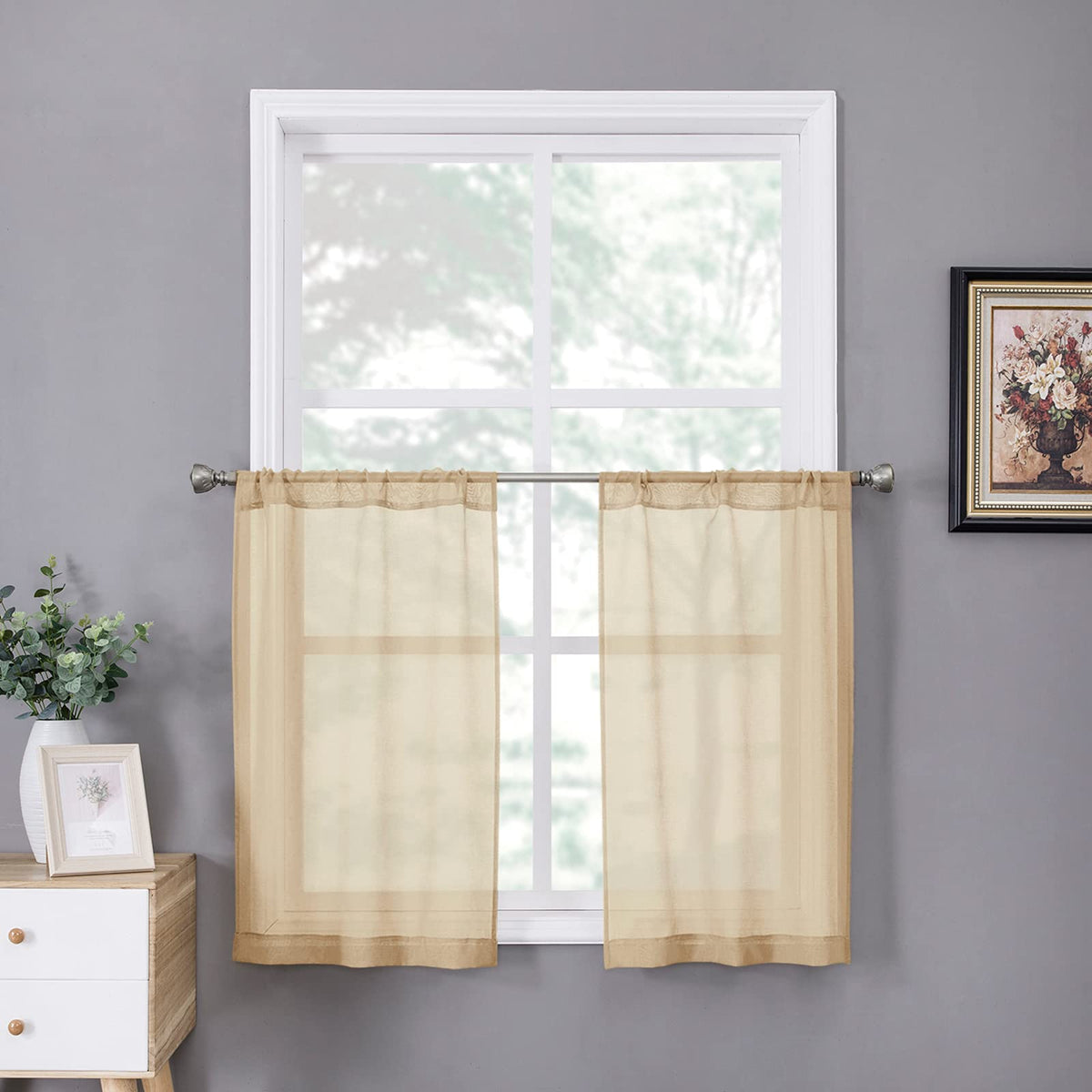 Tollpiz Sheer Curtains Living Room Linen Textured Curtain Sheers Light Filtering Voile Rod Pocket Curtains for Bedroom, 38 x 63 inches Long, White, Set of 2 Panels