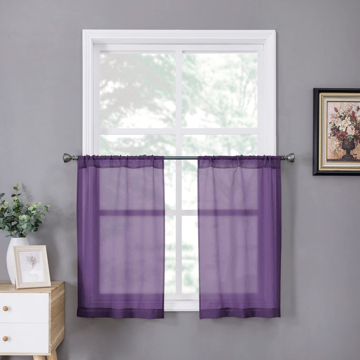 Tollpiz Sheer Curtains Living Room Linen Textured Curtain Sheers Light Filtering Voile Rod Pocket Curtains for Bedroom, 38 x 63 inches Long, White, Set of 2 Panels