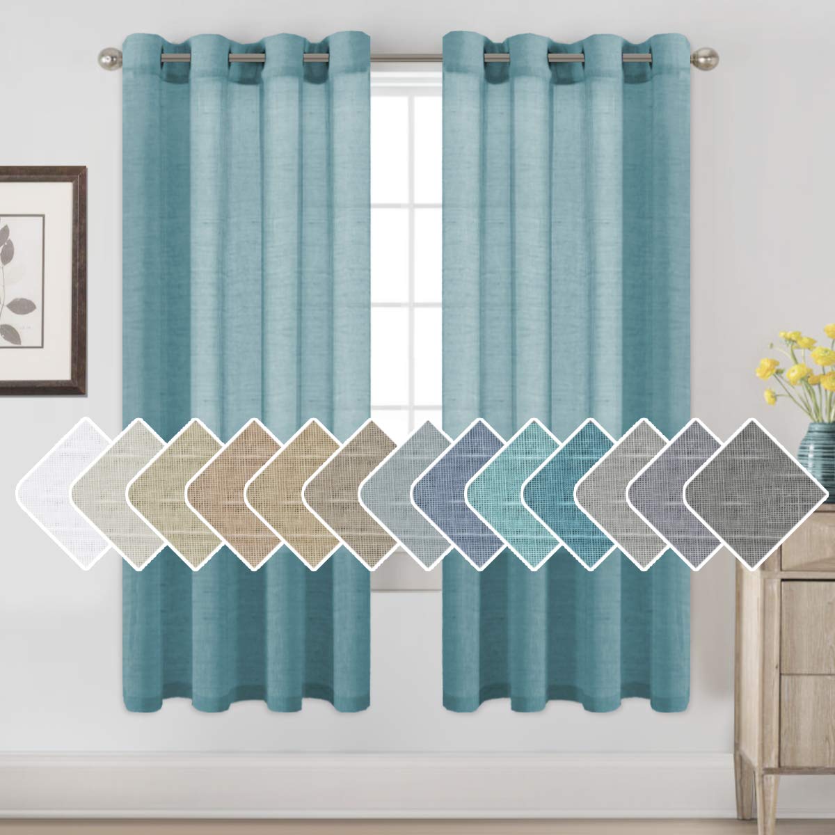 H.VERSAILTEX Natural Linen Sheer Curtains Flax Linen Blended Curtain Panels Living Room, Nickel Grommet Semitransparent Semi-Sheer Soft Privacy Drapes, Natural, 84 inches Long 2 Panels