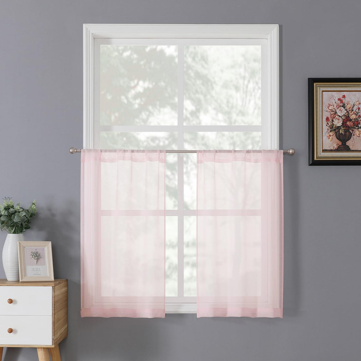 Tollpiz Sheer Curtains Living Room Linen Textured Curtain Sheers Light Filtering Voile Rod Pocket Curtains for Bedroom, 38 x 63 inches Long, White, Set of 2 Panels