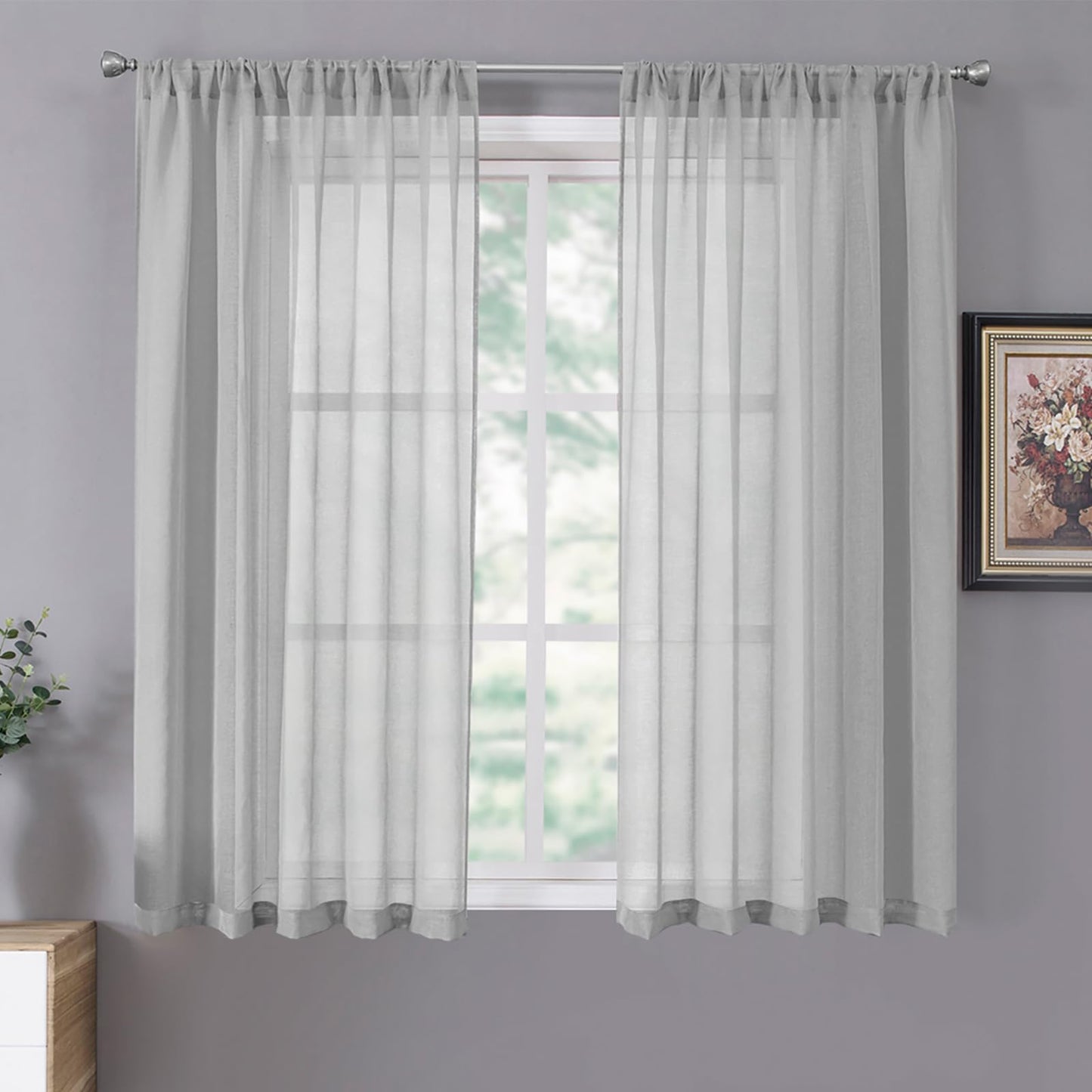 Tollpiz Sheer Curtains Living Room Linen Textured Curtain Sheers Light Filtering Voile Rod Pocket Curtains for Bedroom, 38 x 63 inches Long, White, Set of 2 Panels
