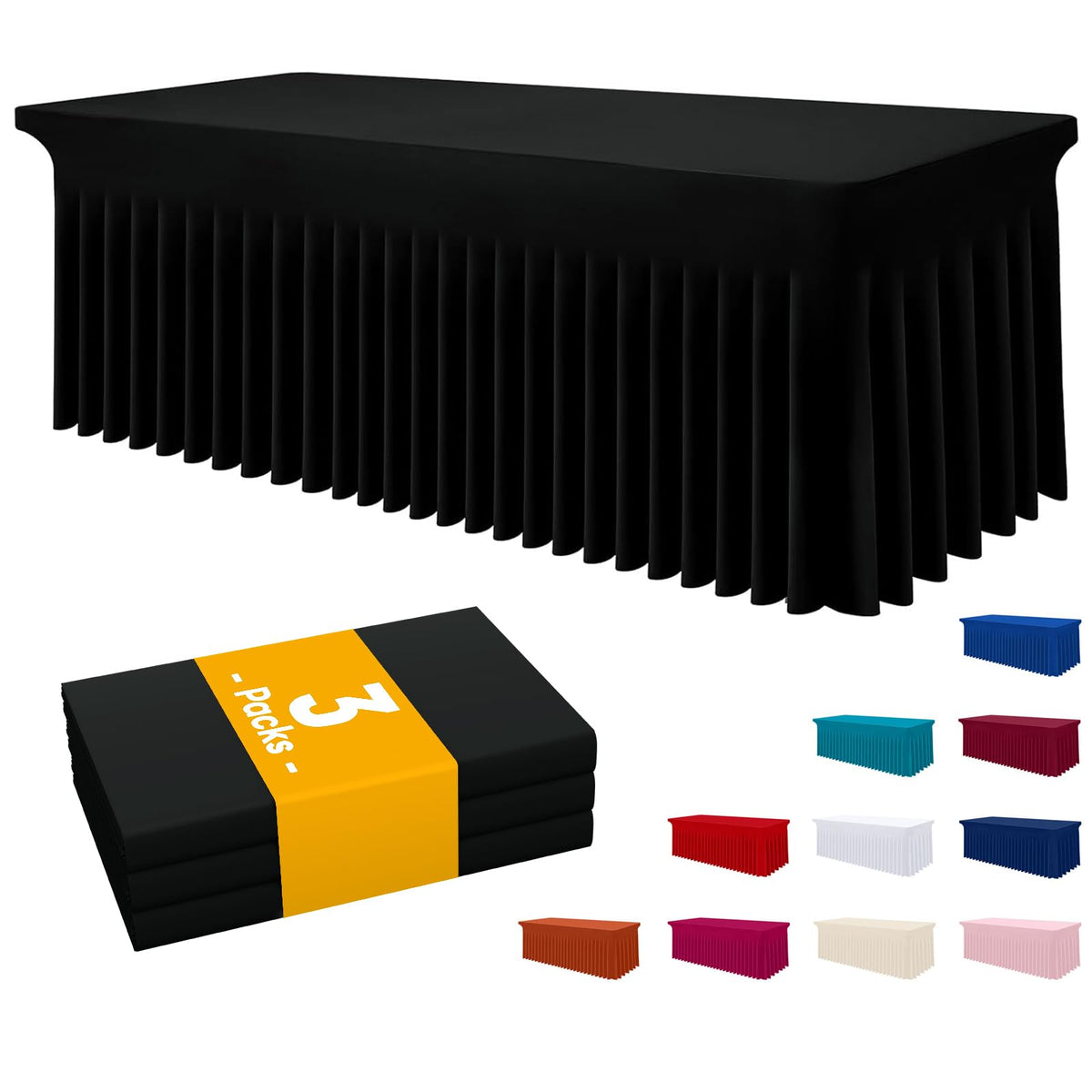 Smiry Spandex Elastic Fitted Table Cloth Skirt for 6FT Rectangle Table | Stretch Washable Table Cloth, Banquet Table Cover for Wedding, Party, Indoor & Trade Shows, (Black, 72Lx30Wx30H)