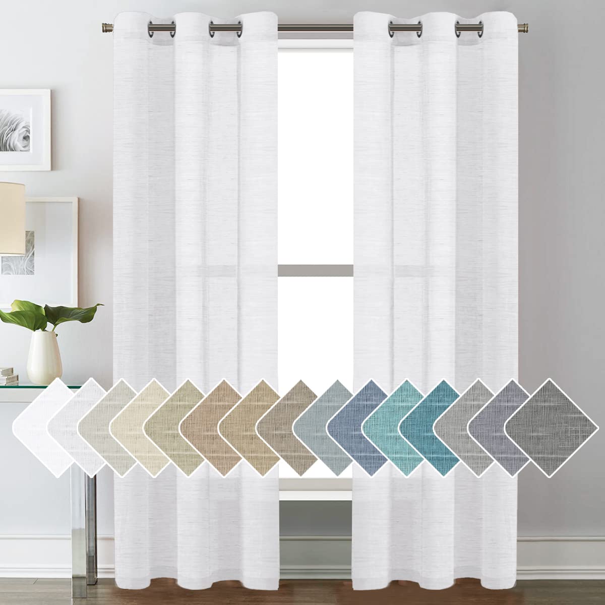 H.VERSAILTEX Natural Linen Sheer Curtains Flax Linen Blended Curtain Panels Living Room, Nickel Grommet Semitransparent Semi-Sheer Soft Privacy Drapes, Natural, 84 inches Long 2 Panels