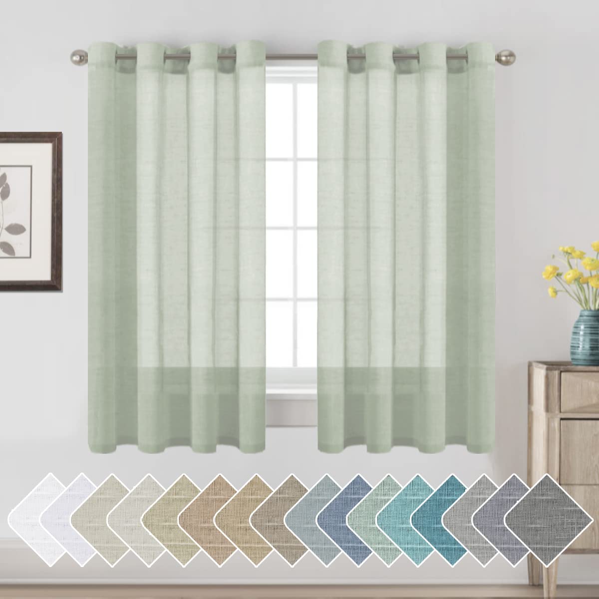 H.VERSAILTEX Natural Linen Sheer Curtains Flax Linen Blended Curtain Panels Living Room, Nickel Grommet Semitransparent Semi-Sheer Soft Privacy Drapes, Natural, 84 inches Long 2 Panels