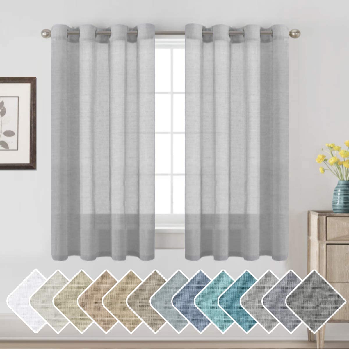 H.VERSAILTEX Natural Linen Sheer Curtains Flax Linen Blended Curtain Panels Living Room, Nickel Grommet Semitransparent Semi-Sheer Soft Privacy Drapes, Natural, 84 inches Long 2 Panels