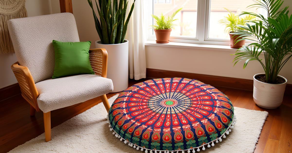 Large Round seat Floor Cushion Chair Ottoman Cover Pouf Pillow Meditation Floor Cushions for Adults Seating pouffe Ottoman Throw Covers Craft Room Furniture for Sitting Cover 22 Inches (Multi Nap)