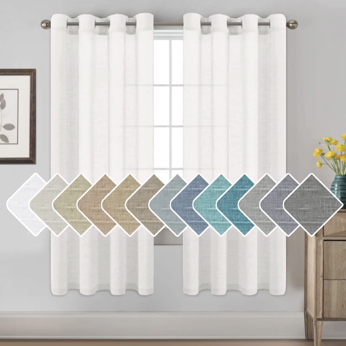 H.VERSAILTEX Natural Linen Sheer Curtains Flax Linen Blended Curtain Panels Living Room, Nickel Grommet Semitransparent Semi-Sheer Soft Privacy Drapes, Natural, 84 inches Long 2 Panels