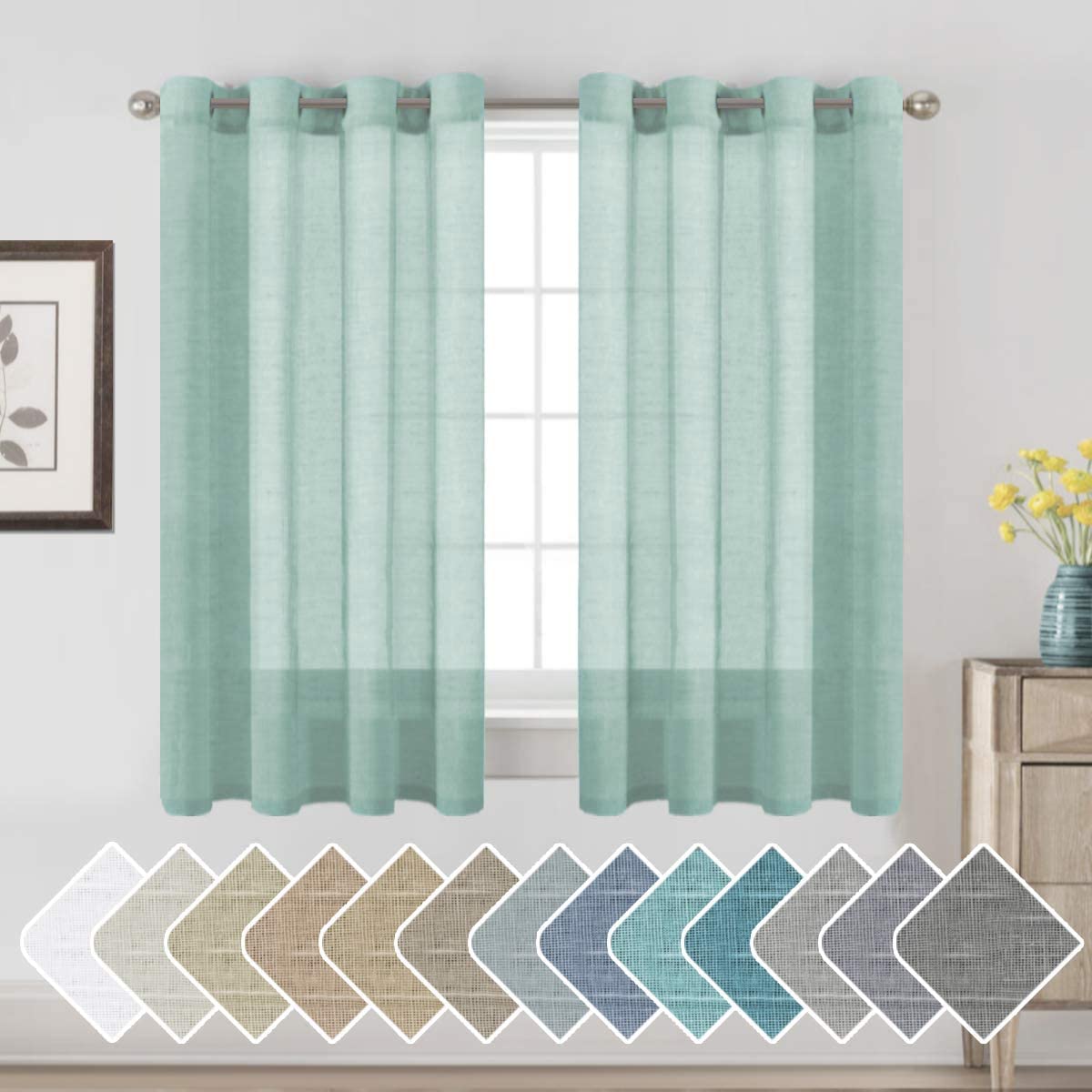 H.VERSAILTEX Natural Linen Sheer Curtains Flax Linen Blended Curtain Panels Living Room, Nickel Grommet Semitransparent Semi-Sheer Soft Privacy Drapes, Natural, 84 inches Long 2 Panels