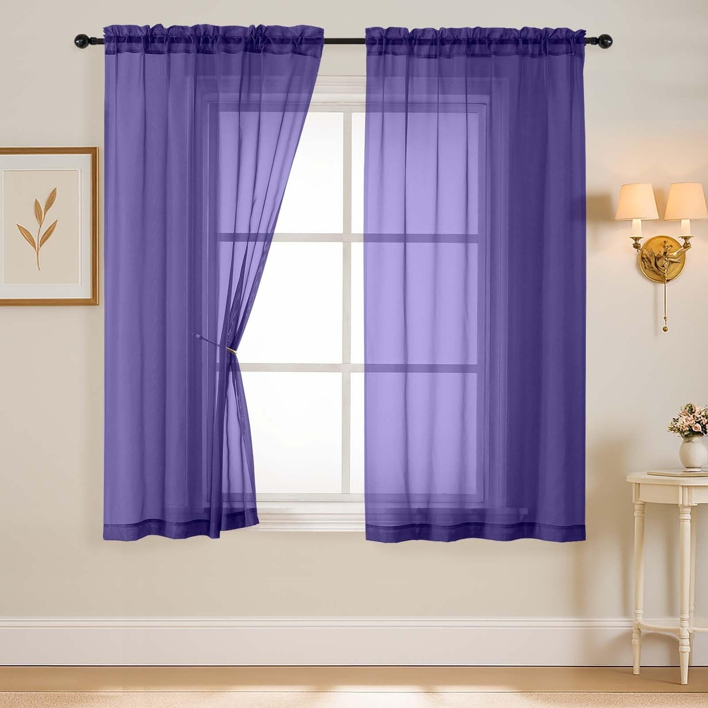 Purple Window Sheer Curtains 54 inch Length, Soft Airy Light Filtering Sheer Curtain 2 Panels Set, Dual Rod Pocket Gauze Purple Drapes for Living Room Bedroom, 2x42Wx54L Inches