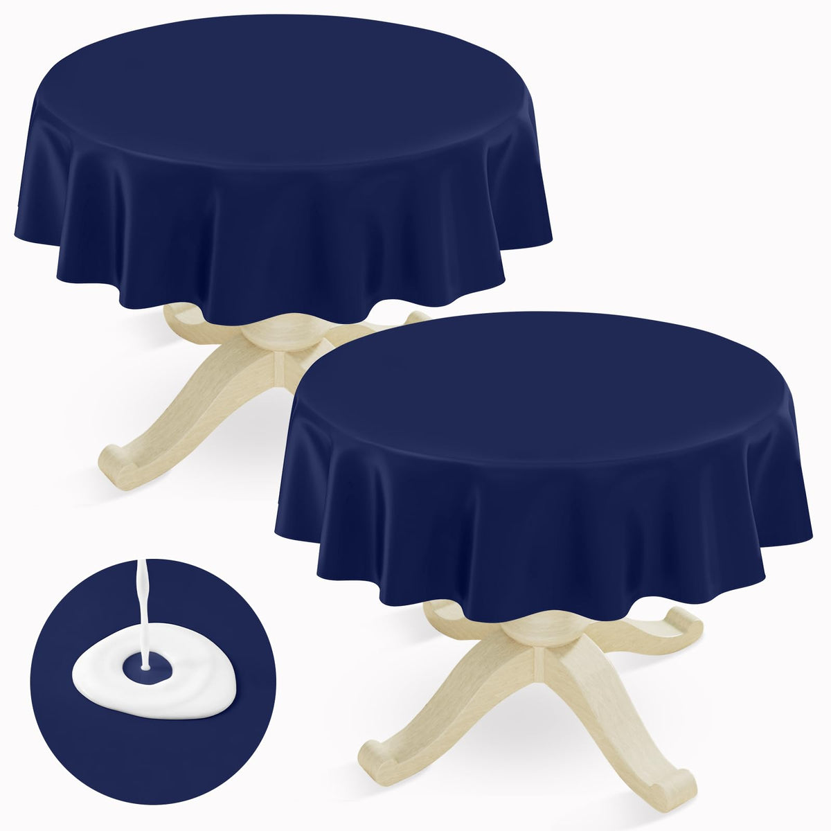 Round Navy Blue Vinyl Waterproof Tablecloth with Flannel Backed | Spillproof Wipe Clean Table Cloth, Plastic Flannel Backing for Dining, Buffet Parties Picnic Camping, 60"