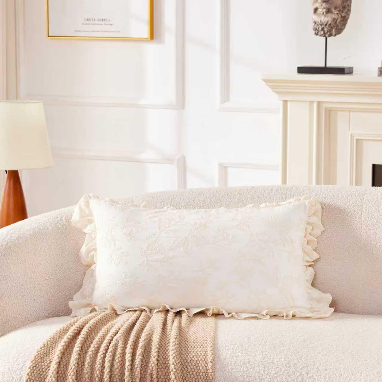 HAUSFRAU 18x18 Throw Pillow Covers Pillowcase Set of 2, French Style Cream | Floral Embroidered & Lace Ruffle Trim Chic Decorative Square Pillowcase Pillow Sham for Sofa, Couch, Wedding, Square
