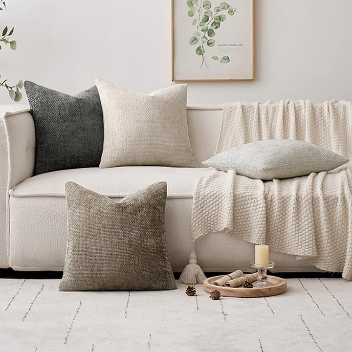 MIULEE Soft Decorative Chenille Pillow Covers Neutral 18x18 Pack of 4 | Mid Century Modern Decor, Cream to Charcoal Set, Couch Throw Pillows, Farmhouse Boho Cushion Covers for Sofa Bed Living Room