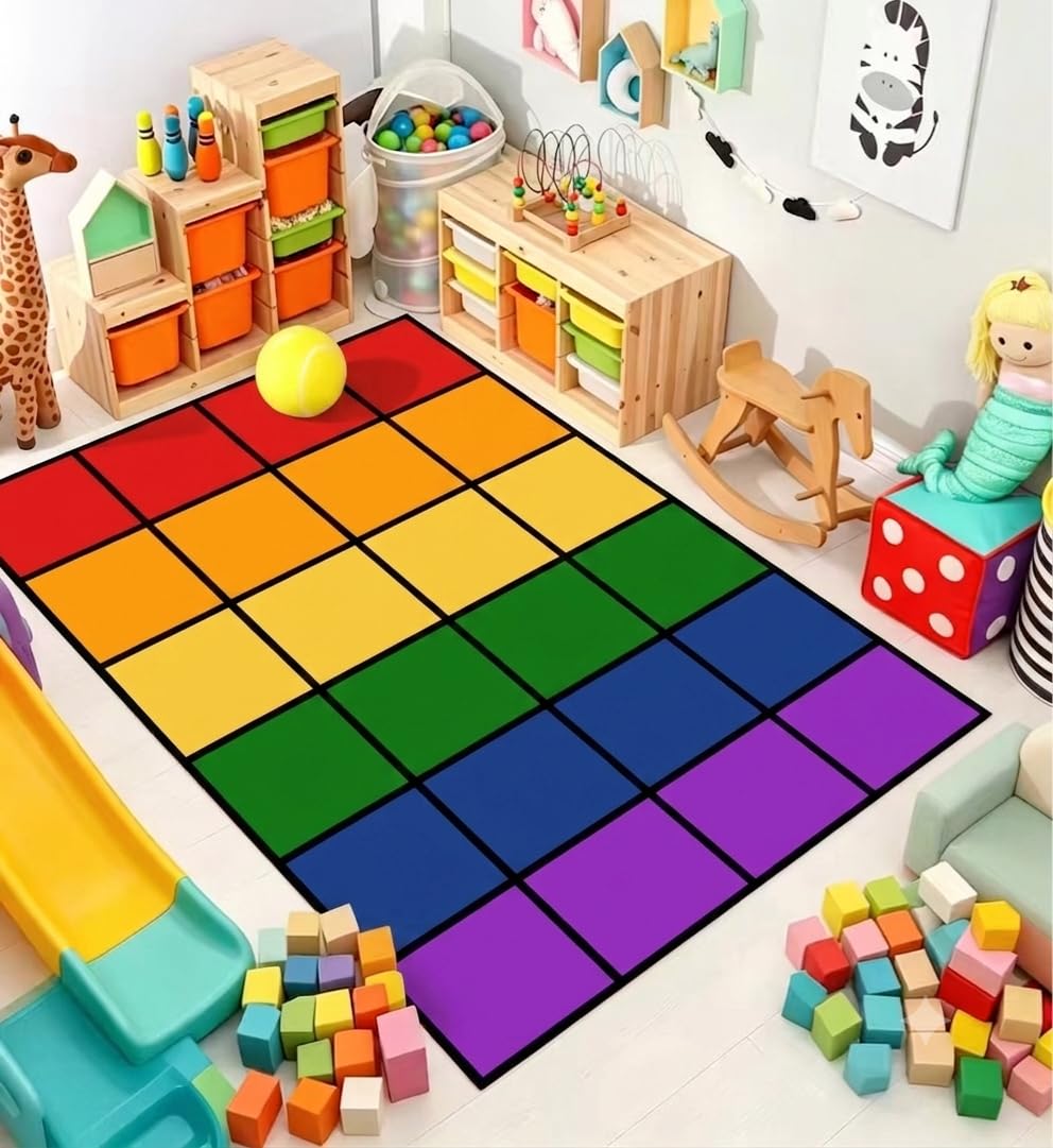 Large Classroom Rug 8x12 for Elementary, Classroom Rugs Carpets | Rainbow. Soft & comfortable Fabric. Flame Retardant Certified. Non-Slip Backing. Wrinkle-Free. Rolled Packaging. 24 Seats.