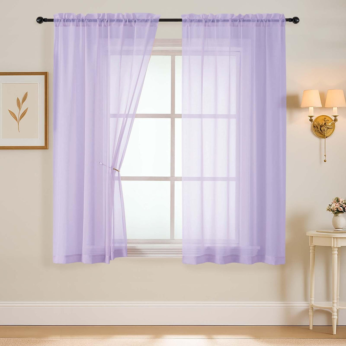 Purple Window Sheer Curtains 54 inch Length, Soft Airy Light Filtering Sheer Curtain 2 Panels Set, Dual Rod Pocket Gauze Purple Drapes for Living Room Bedroom, 2x42Wx54L Inches