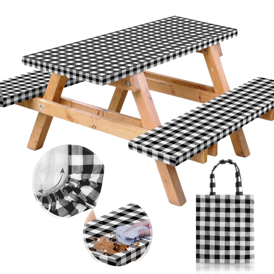 Vinyl Fitted Picnic Table Cover with Bench Covers & Blue 6ft Blue Checkered | Vinyl Fitted Picnic Table Cover with Bench Covers and Bag, Outdoor Waterproof Windproof Picnic Tablecloth with Elastic Edges.