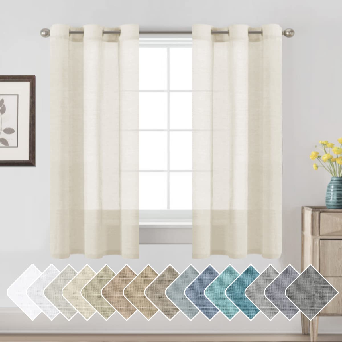 H.VERSAILTEX Natural Linen Sheer Curtains Flax Linen Blended Curtain Panels Living Room, Nickel Grommet Semitransparent Semi-Sheer Soft Privacy Drapes, Natural, 84 inches Long 2 Panels