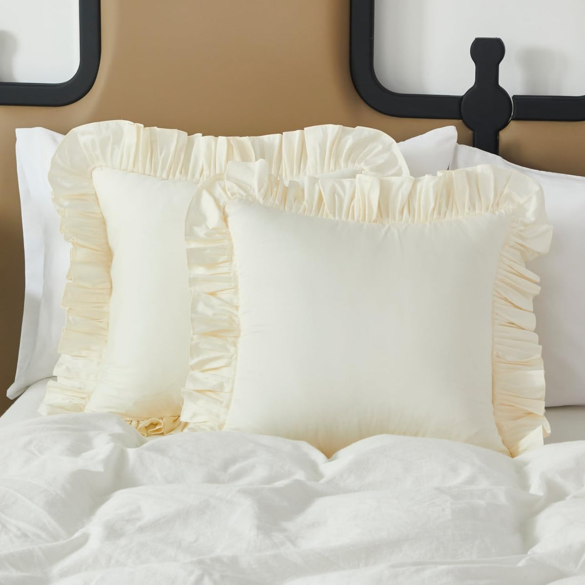 Lemfux Cotton Euro Shams with White Lace Ruffles, 26 x26 Inch, Set of 2,Rustic Farmhouse Lace Shabby Soft Breathable Bridal Pure White European, White Decorative Pillow Covers
