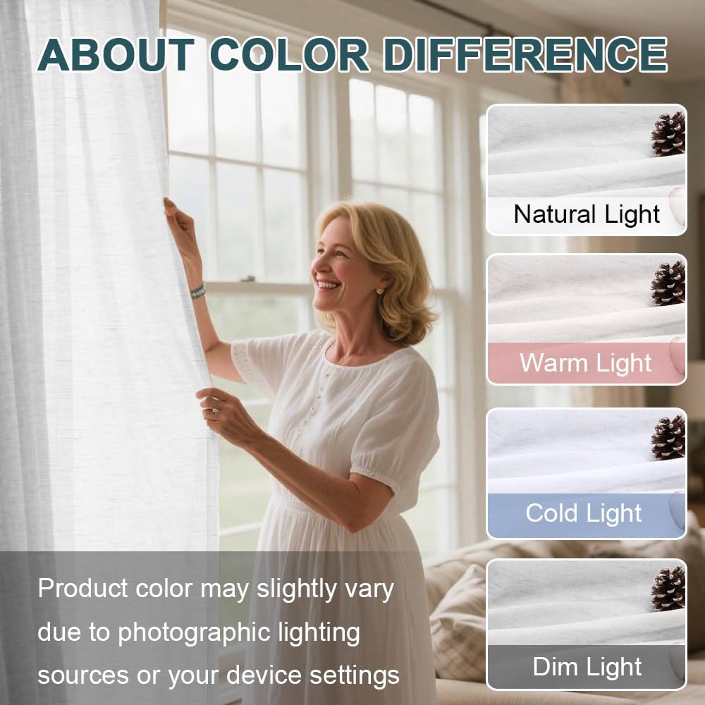Turquoize White Linen Curtains 96 Inches Long Semi Sheer Curtains Light Filtering Linen Drapes for Living Room/Bedroom 2 Panels Set Rod Pocket Window Treatments Panels,W52 x L96, White
