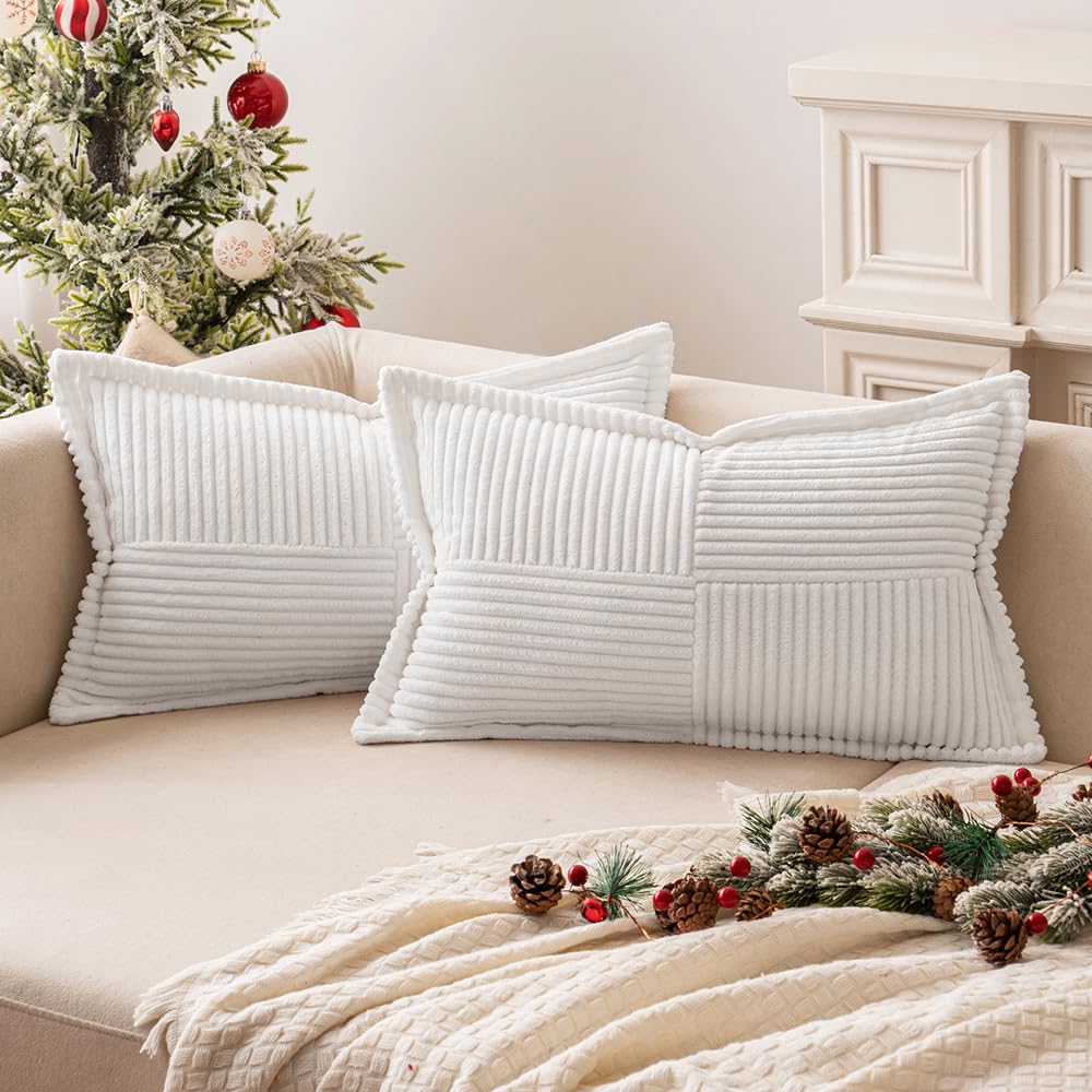 MIULEE Decorative Throw Pillow Covers for Couch 18x18 Inch Beige 2 Pack | Boho Broadside Striped Patchwork Pillow Covers, Soft Corduroy Cushion Cases, For Sofa Bed Livingroom Home Decor