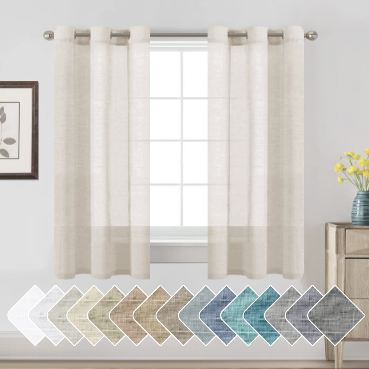 H.VERSAILTEX Natural Linen Sheer Curtains Flax Linen Blended Curtain Panels Living Room, Nickel Grommet Semitransparent Semi-Sheer Soft Privacy Drapes, Natural, 84 inches Long 2 Panels