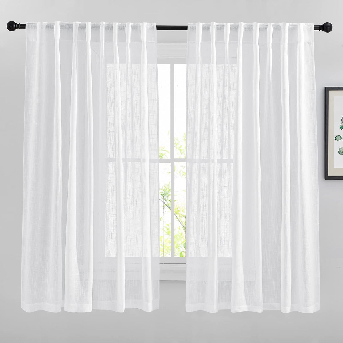 NICETOWN White Linen Sheer Curtains and Drapes 84 inches Long, Rod Pocket & Back Tab semitransparent with Light Through Vertical Window Treatments for Sliding Glass Door & Living Room, 52"W, Set of 2