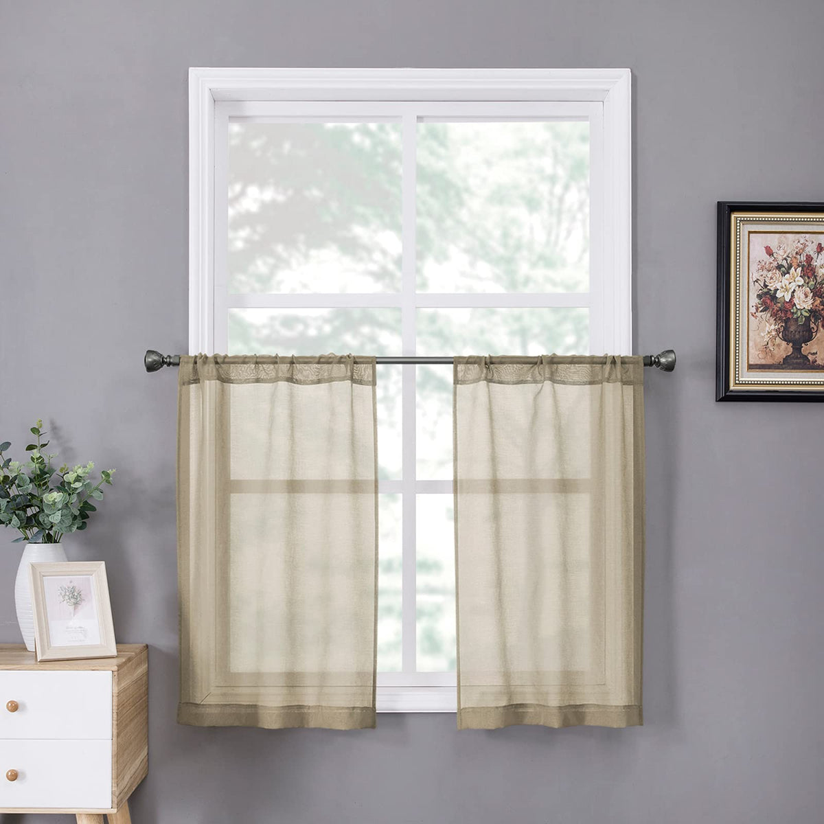Tollpiz Sheer Curtains Living Room Linen Textured Curtain Sheers Light Filtering Voile Rod Pocket Curtains for Bedroom, 38 x 63 inches Long, White, Set of 2 Panels