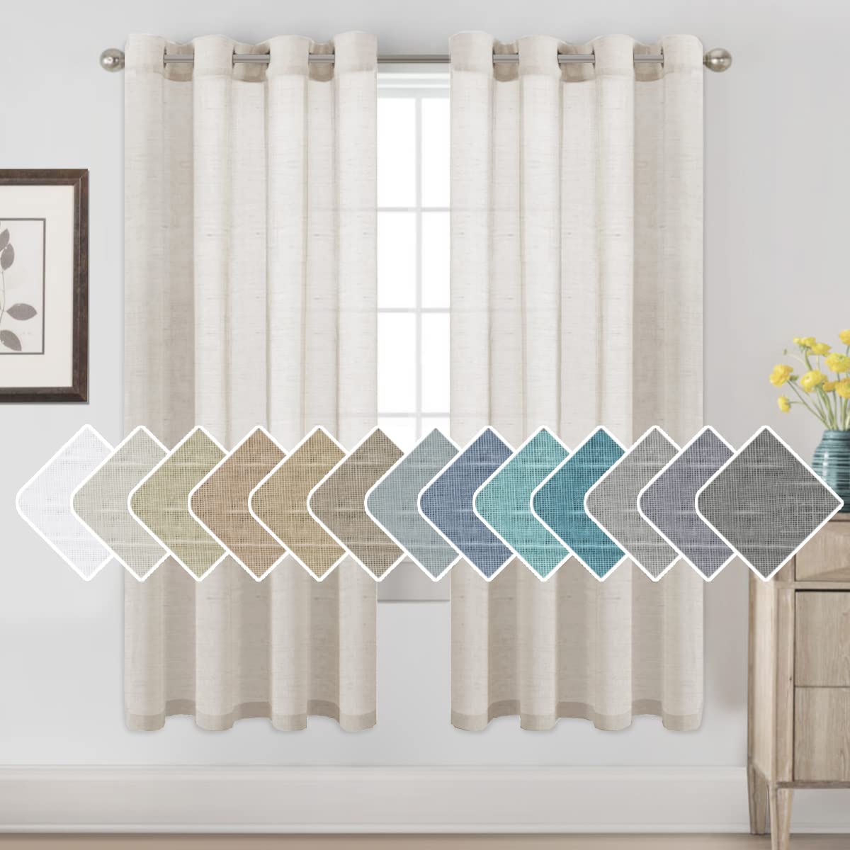 H.VERSAILTEX Natural Linen Sheer Curtains Flax Linen Blended Curtain Panels Living Room, Nickel Grommet Semitransparent Semi-Sheer Soft Privacy Drapes, Natural, 84 inches Long 2 Panels