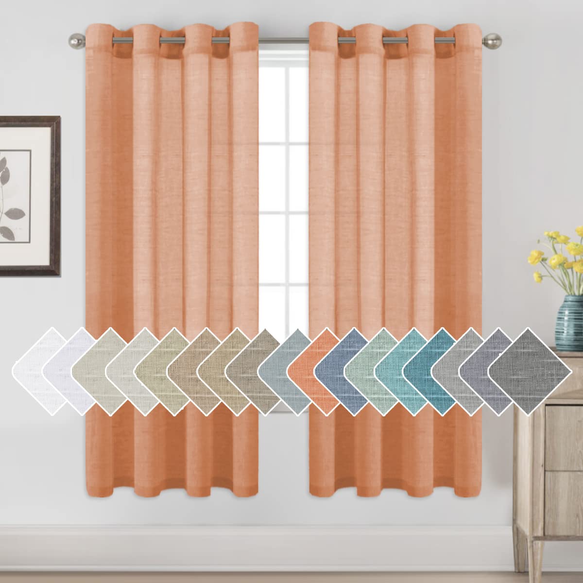 H.VERSAILTEX Natural Linen Sheer Curtains Flax Linen Blended Curtain Panels Living Room, Nickel Grommet Semitransparent Semi-Sheer Soft Privacy Drapes, Natural, 84 inches Long 2 Panels
