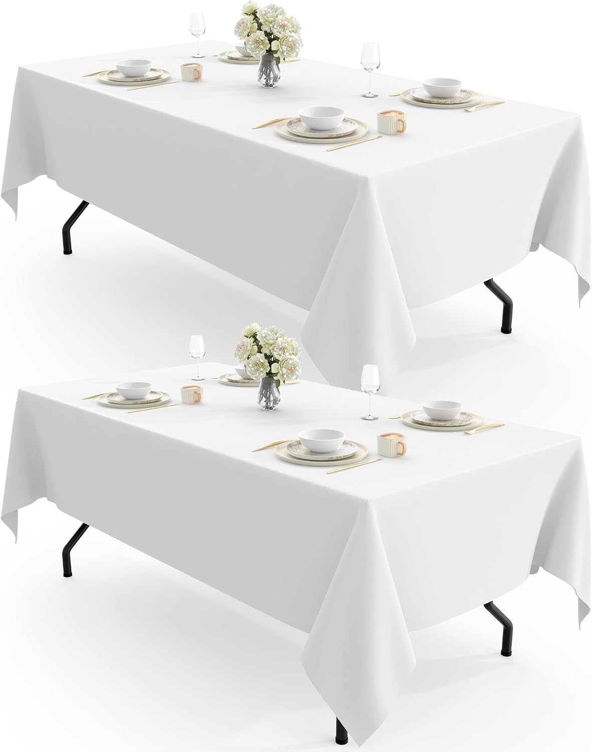 Pureegg Polyester Tablecloth 60" x 102" Reusable Washable 2 Pack White | Durable, Rectangle, for Outdoor Party, Picnic, Wedding, Banquet, Birthday