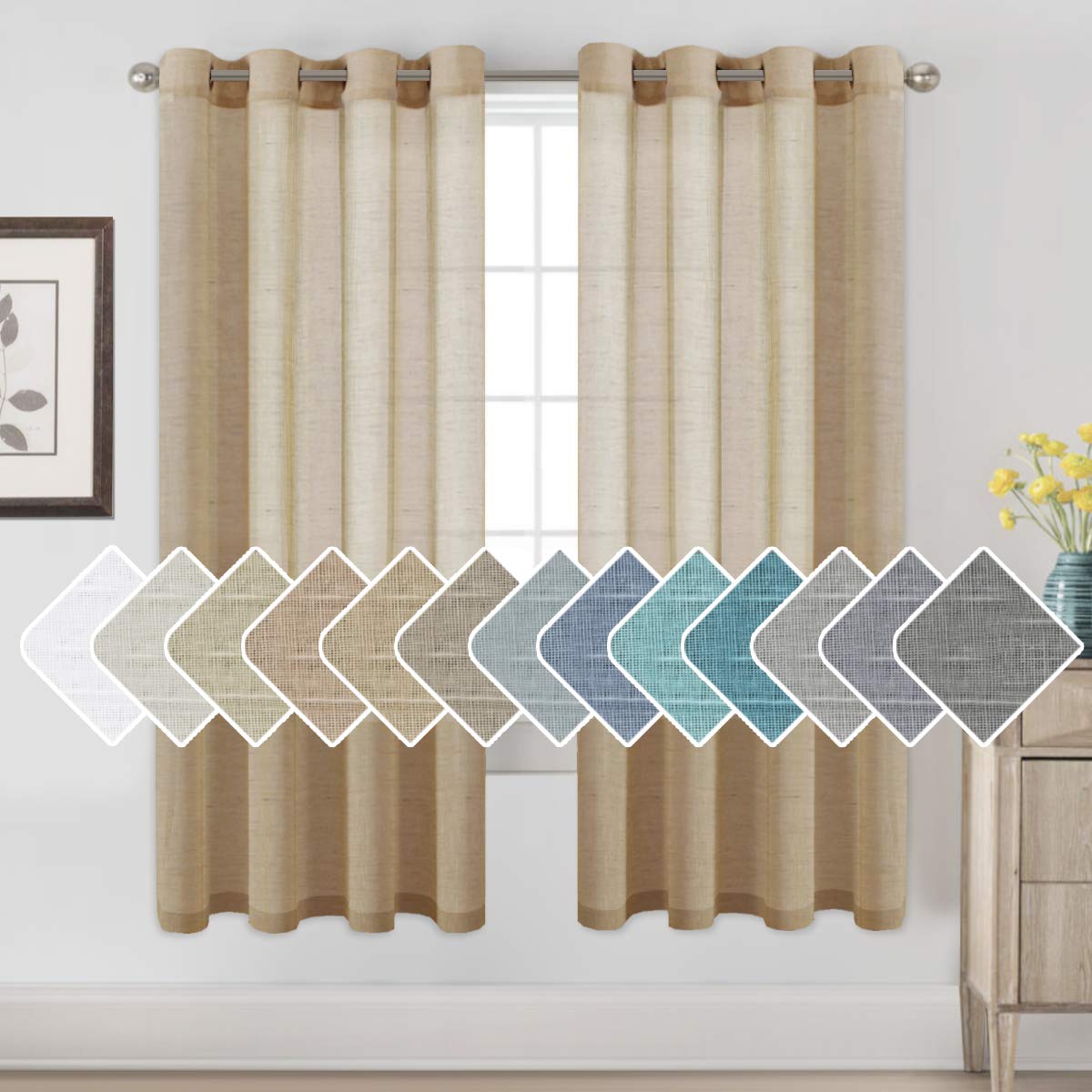 H.VERSAILTEX Natural Linen Sheer Curtains Flax Linen Blended Curtain Panels Living Room, Nickel Grommet Semitransparent Semi-Sheer Soft Privacy Drapes, Natural, 84 inches Long 2 Panels