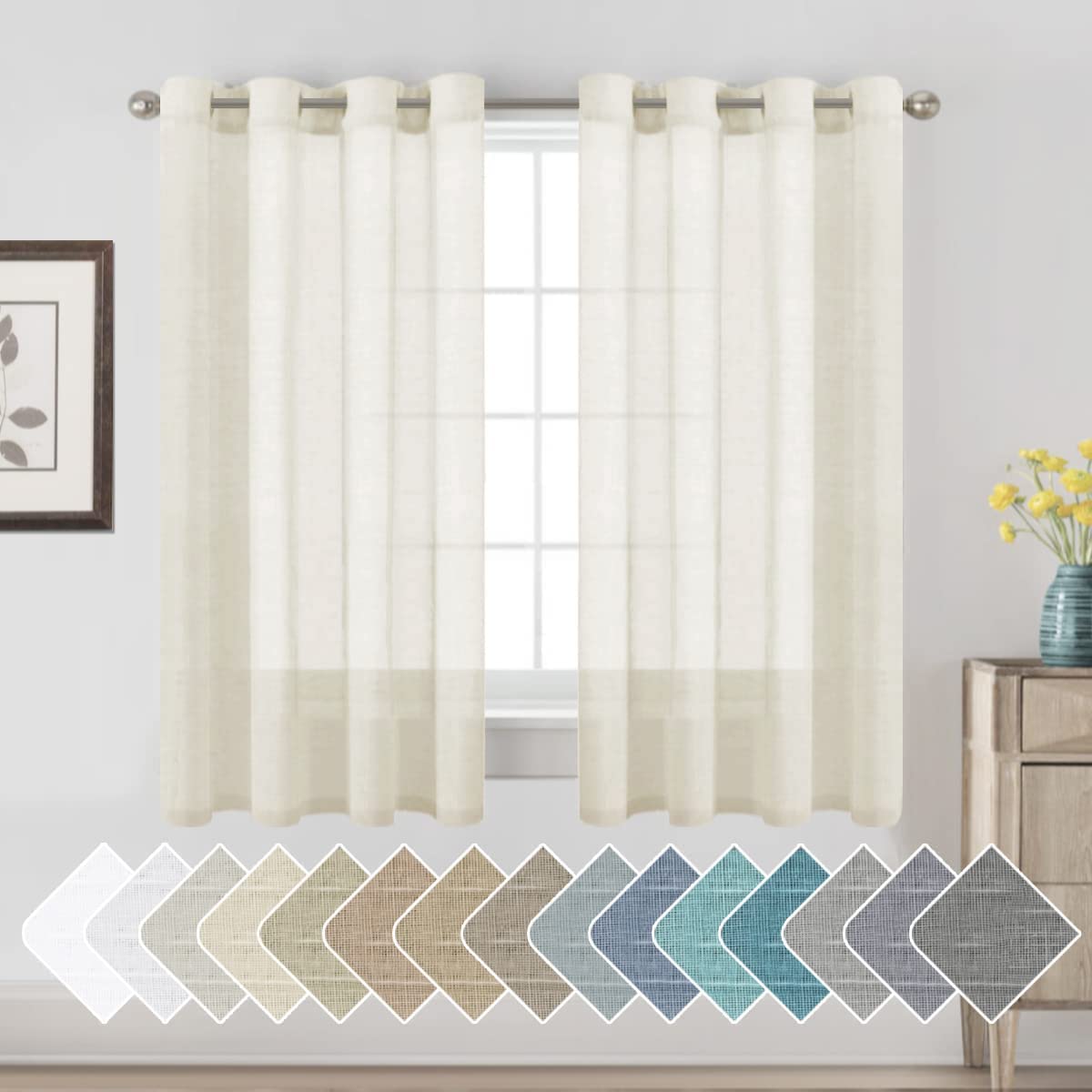 H.VERSAILTEX Natural Linen Sheer Curtains Flax Linen Blended Curtain Panels Living Room, Nickel Grommet Semitransparent Semi-Sheer Soft Privacy Drapes, Natural, 84 inches Long 2 Panels