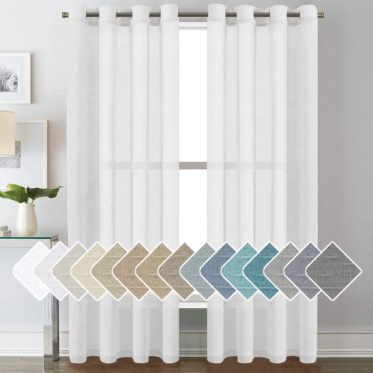 H.VERSAILTEX Natural Linen Sheer Curtains Flax Linen Blended Curtain Panels Living Room, Nickel Grommet Semitransparent Semi-Sheer Soft Privacy Drapes, Natural, 84 inches Long 2 Panels