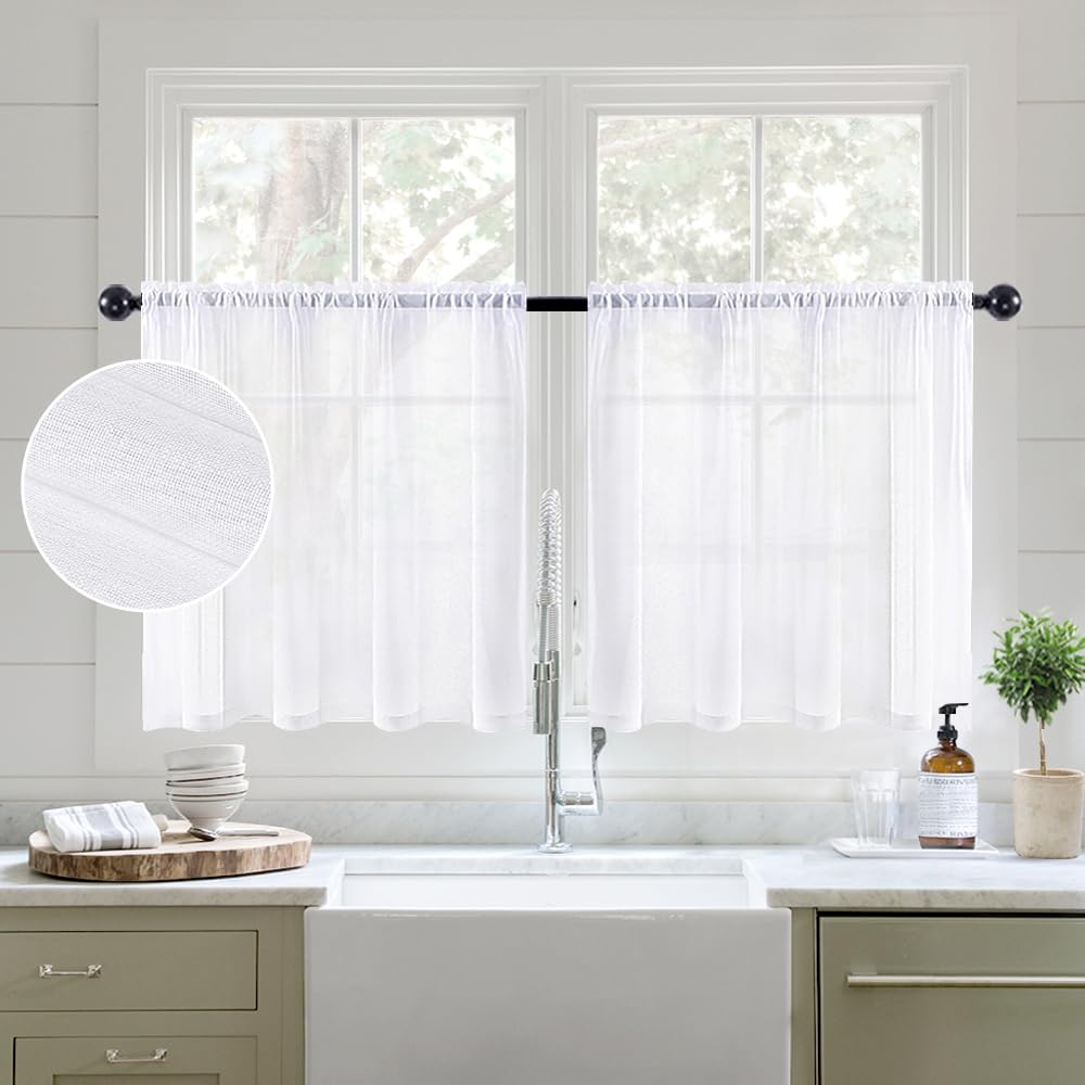 MIULEE Semi White Linen Textured Sheer Curtains 42W×84L Rod Pocket 2 Panels | Semi Transparent, Farmhouse, Window Net Panels with Rod Pocket for Bedroom Living Room