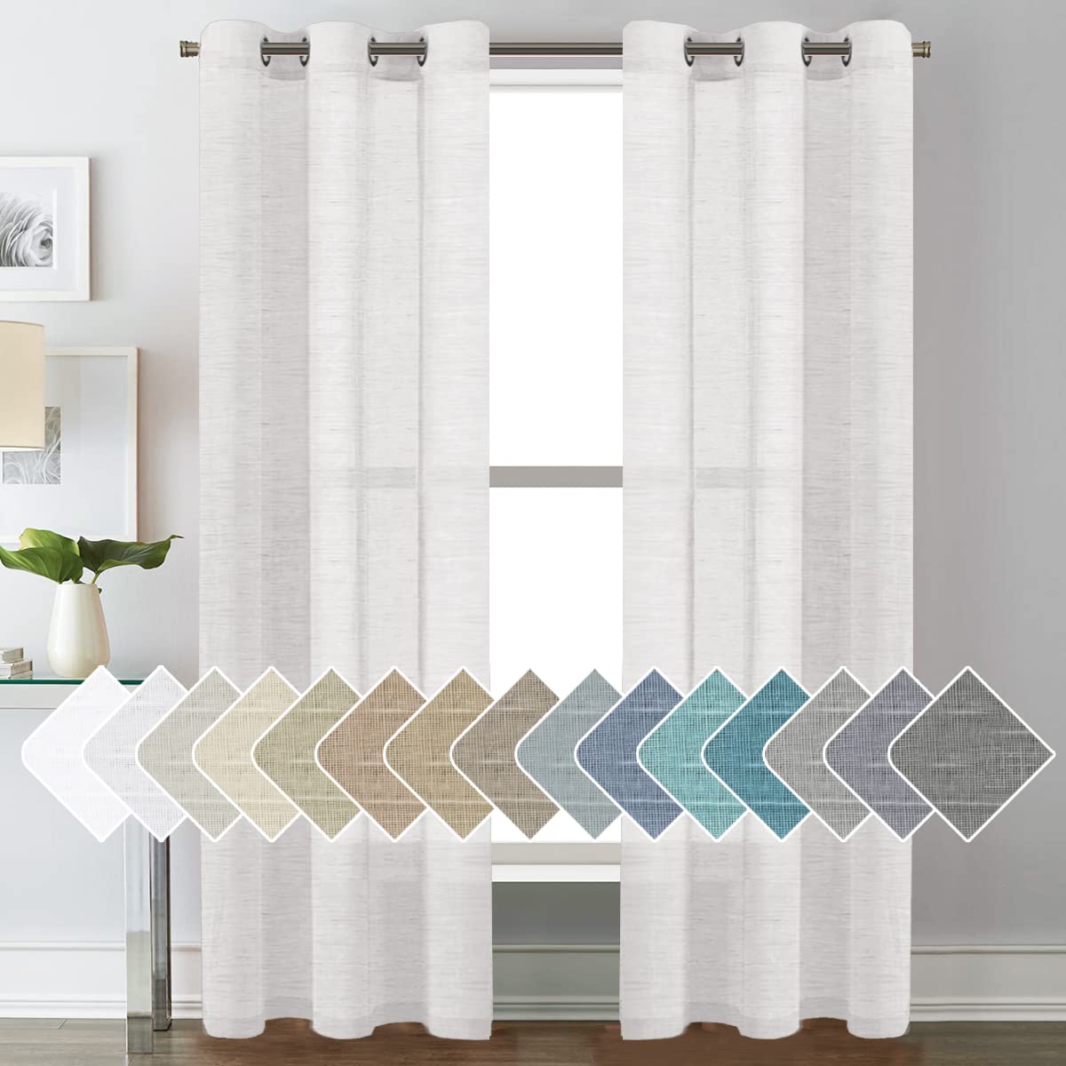 H.VERSAILTEX Natural Linen Sheer Curtains Flax Linen Blended Curtain Panels Living Room, Nickel Grommet Semitransparent Semi-Sheer Soft Privacy Drapes, Natural, 84 inches Long 2 Panels