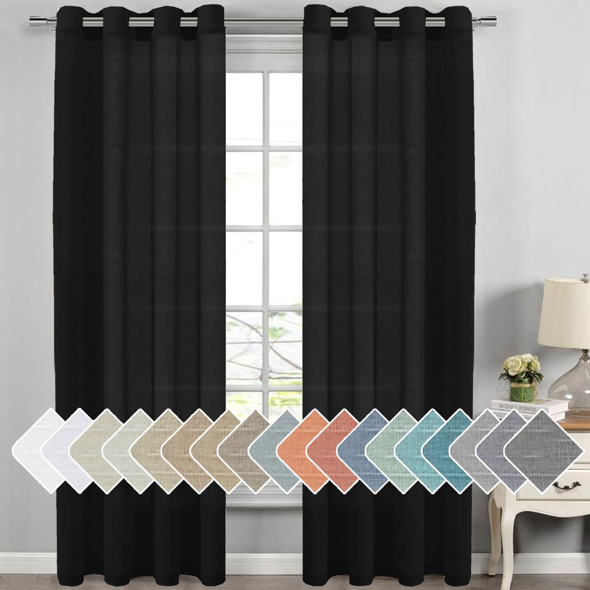 H.VERSAILTEX Natural Linen Sheer Curtains Flax Linen Blended Curtain Panels Living Room, Nickel Grommet Semitransparent Semi-Sheer Soft Privacy Drapes, Natural, 84 inches Long 2 Panels