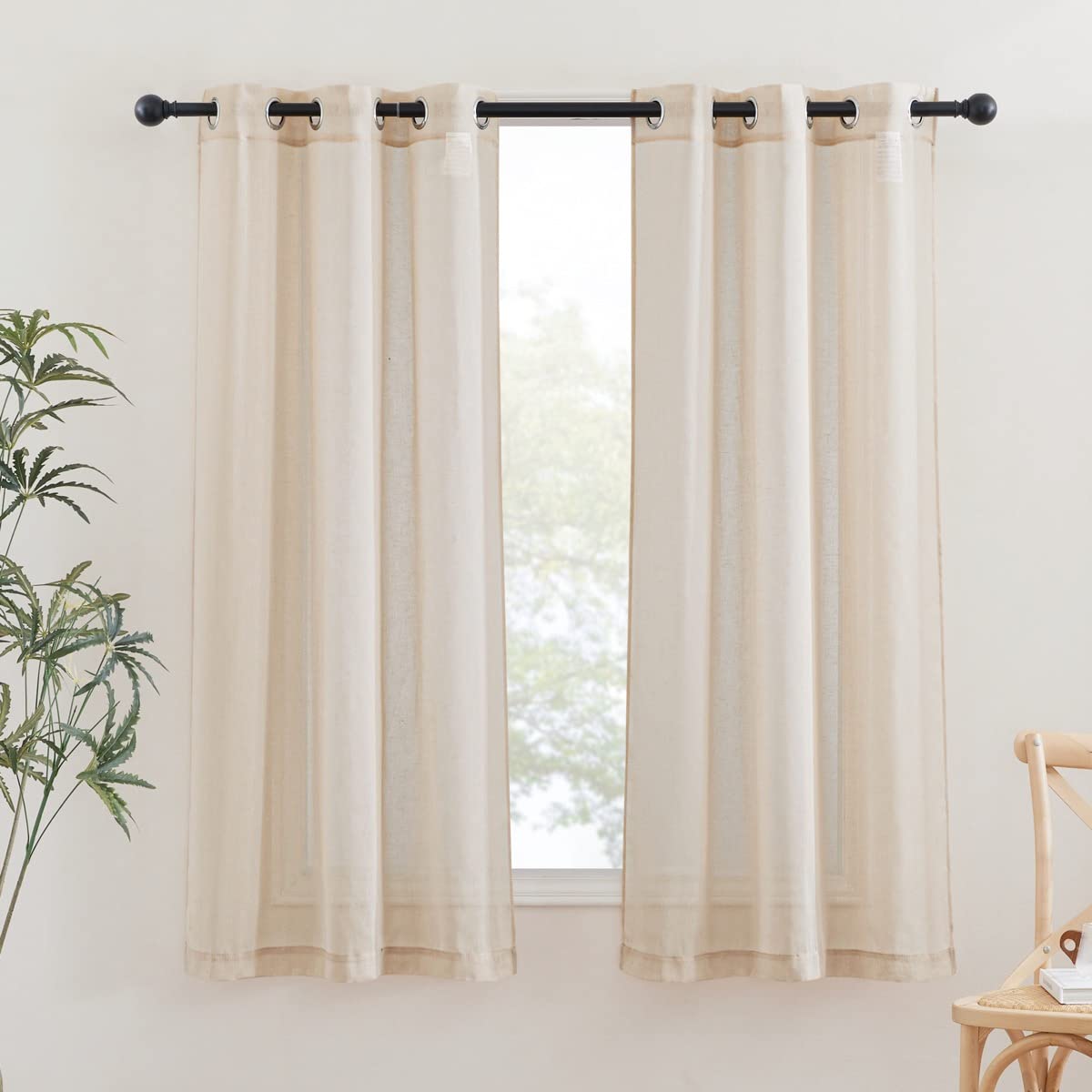 NICETOWN White Sheer Linen Curtains for Living Room 84 inch Length 2 Panels Set, Grommet Semi Sheer Privacy with Light Filtering Flax Window Treatments for Bedroom, W52 x L84