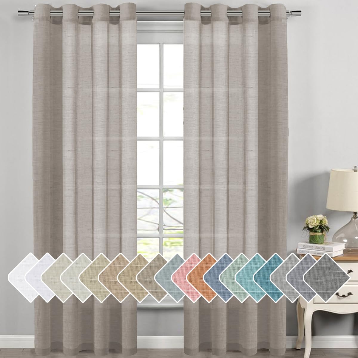H.VERSAILTEX Natural Linen Sheer Curtains Flax Linen Blended Curtain Panels Living Room, Nickel Grommet Semitransparent Semi-Sheer Soft Privacy Drapes, Natural, 84 inches Long 2 Panels