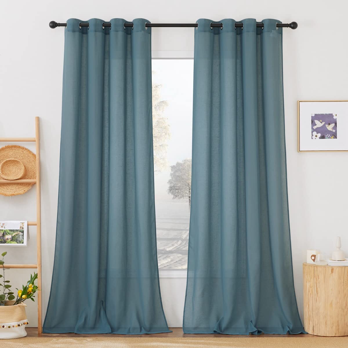 NICETOWN White Sheer Linen Curtains for Living Room 84 inch Length 2 Panels Set, Grommet Semi Sheer Privacy with Light Filtering Flax Window Treatments for Bedroom, W52 x L84