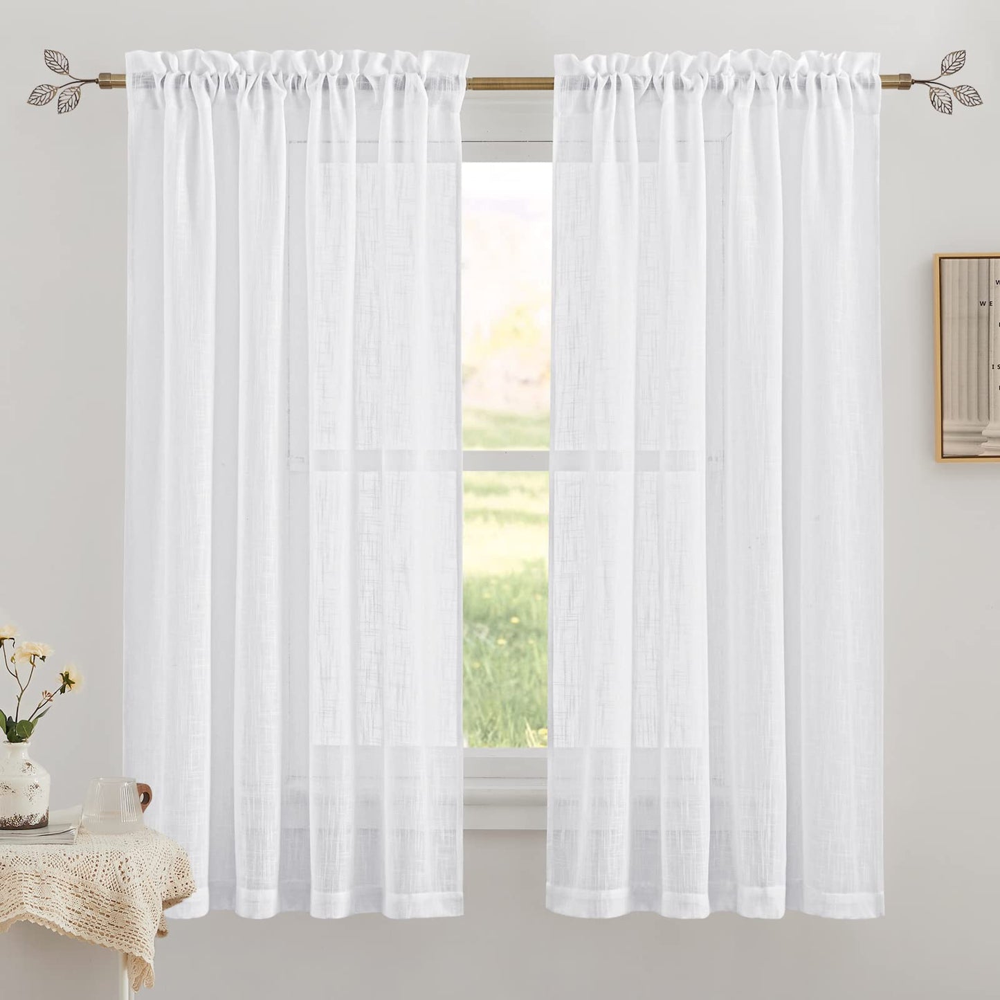 RYB HOME White Semi Sheer Curtains 84 inches Long for Living Room | Half Privacy, Linen Textured, Sheer Light Filtering, Vertical Window Drapes, for Bedroom Dining, White, W52 x L84, 2 Panels